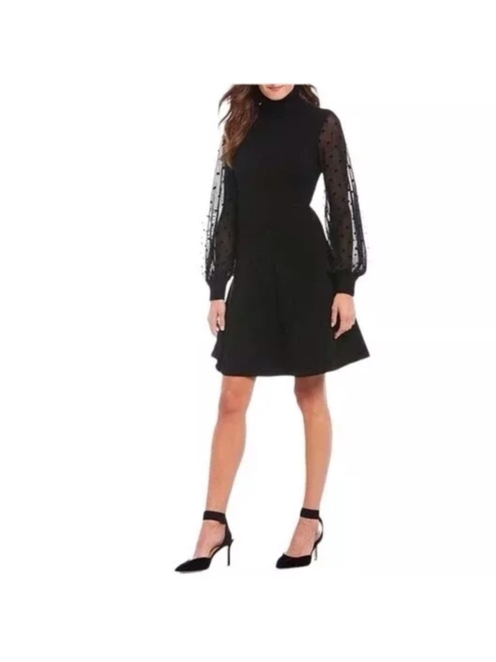 Eliza J Black Long-Sleeve Mesh Dot A-Line Sweater Dress